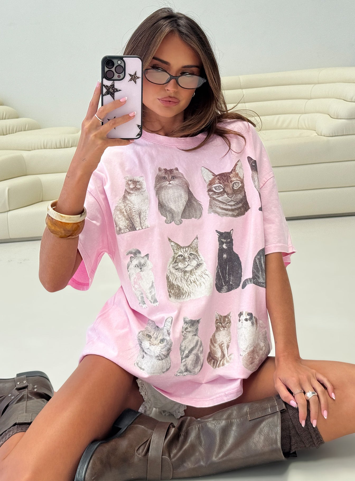 Feline Companions Oversized Graphic Tee Pink | Princess Polly