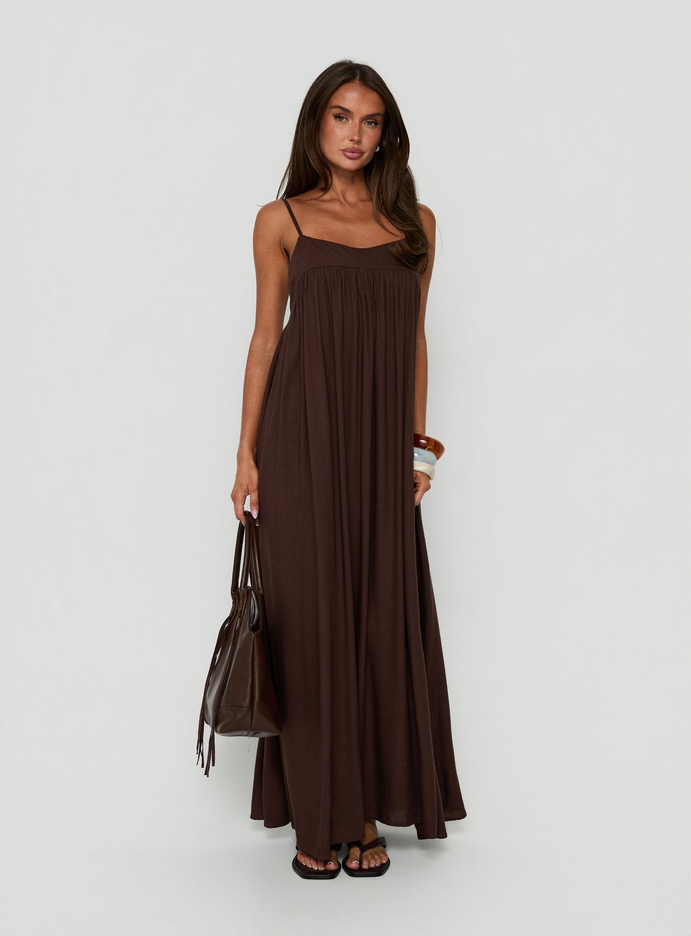 Wildah Linen Smock Maxi Dress Brown | Princess Polly