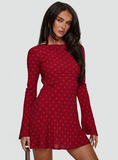 front view of model wearing Princess Polly Good Graces Long Sleeve Mini Dress Red Dot Boat Neck 