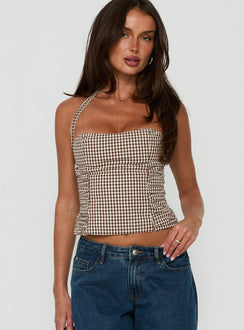 West Coast Love Halter Top Brown Gingham