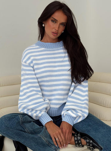 Harmony Balloon Sleeve Knit Sweater Blue / White Stripe