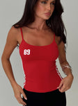 front view of model wearing Princess Polly 89 Trackstar Top Red Sleeveless Scoop Neck 