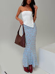   front view of model wearing Princess Polly Rotelle Maxi Skirt Blue Floral Maxi 