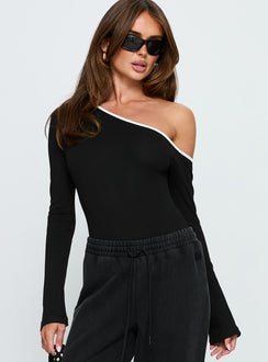 front view of model wearing Princess Polly Andrielle One Shoulder Long Sleeve Bodysuit Black / White Long Sleeve Tops 