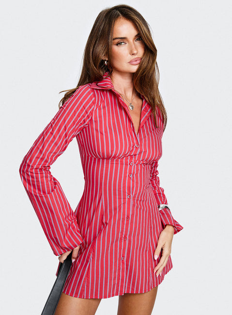 fitted lace wedding dress Tawni Long Sleeve Shirt Mini Dress Red Stripe fitted lace wedding dress Tawni Long Sleeve Shirt Mini Dress Red Stripe