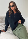 front view of model wearing Princess Polly Ferry Zip Front Sweater Black Lower Impact 