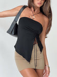 Strapless top Thin elasticated band at bust Adjustable ruching at side Good stretch Lined bust