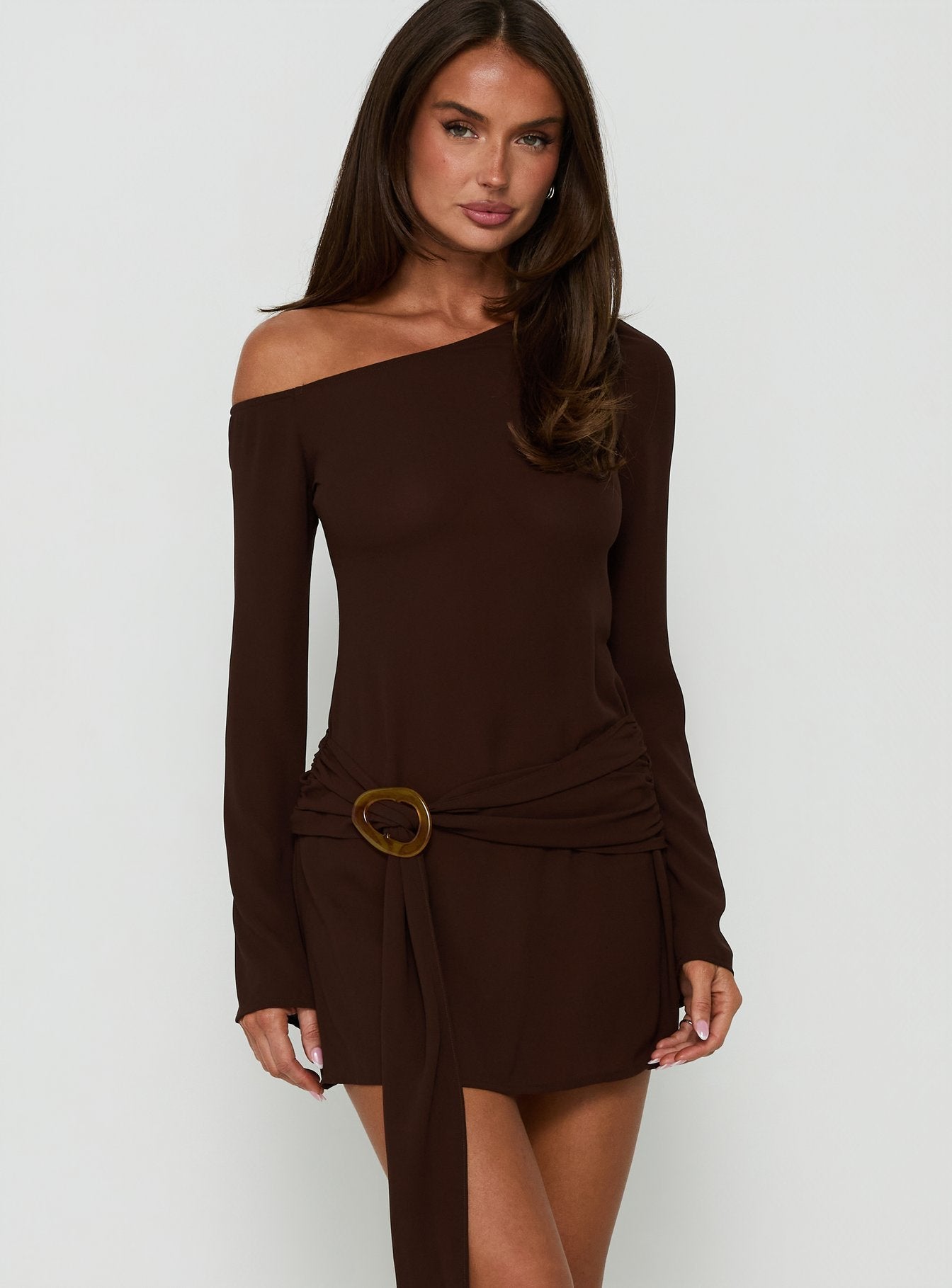 Still Spinning One Shoulder Belted Mini Dress | Brown | Womens