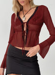 Long sleeve top V neckline, lace trim, twin tie fastening at bust Non-stretch, lined bust Princess Polly Lower Impact