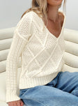 Zosia Diamond Cable Knit Sweater Cream Princess Polly  regular 