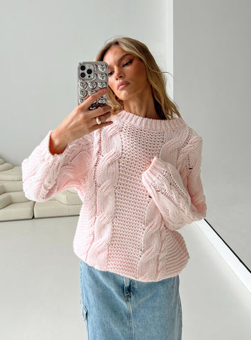 Light sale pink and white striped cable knit sweater