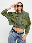 Cropped utility jacket Bomber style, nylon material, button and zip fastening at front, twin chest pockets, ribbed waistband