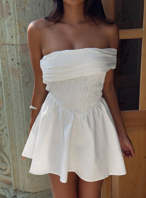 front view of model wearing Princess Polly Fruitful Off Shoulder Mini Dress White Straight Neck 