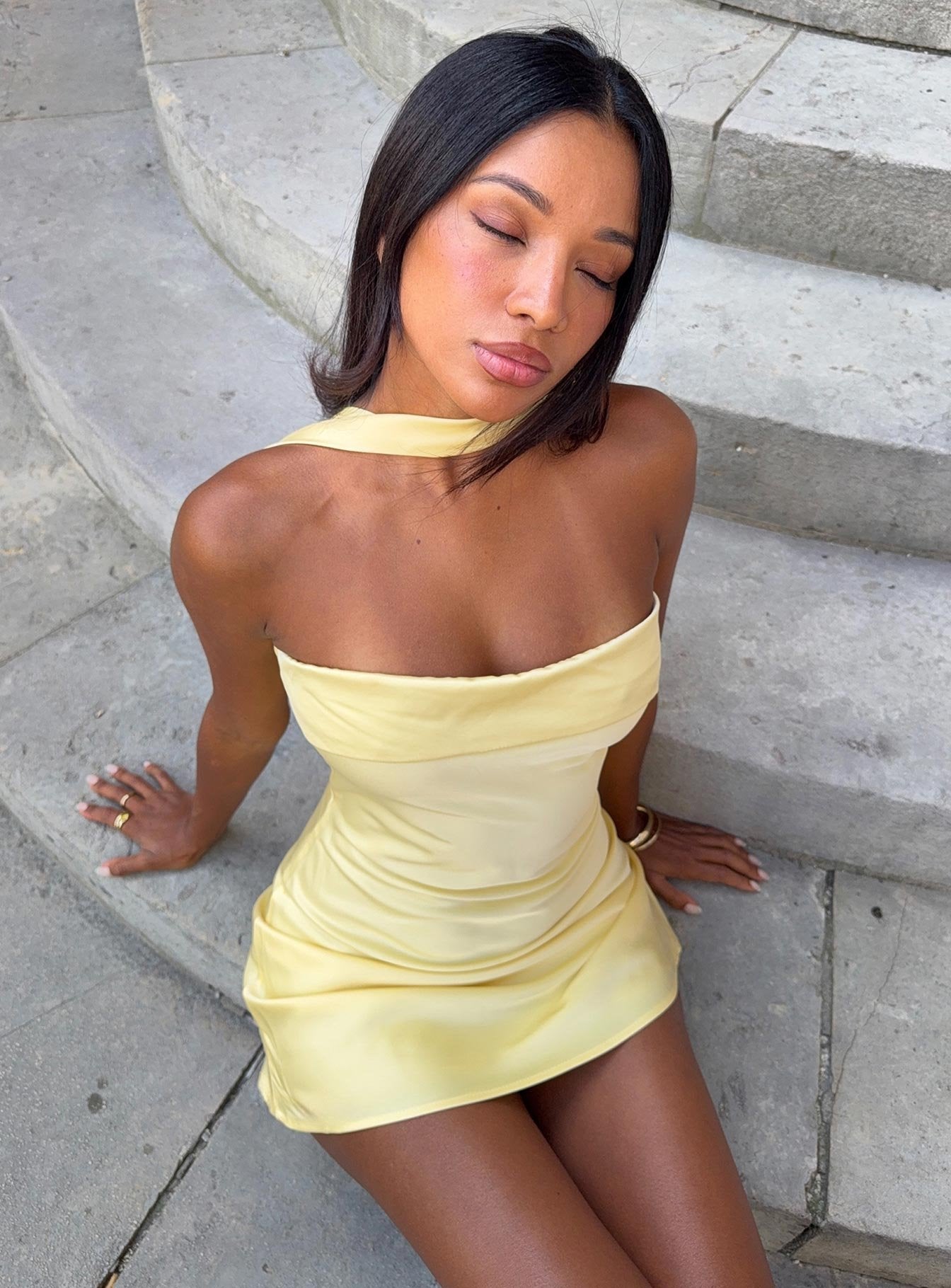 Declynne Strapless Scarf Detail Mini Dress Chartreuse