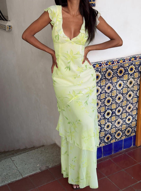Been Away Frill Maxi Dress Green Multi | Princess Polly Been Away Frill Maxi Dress Green Multi | Princess Polly
