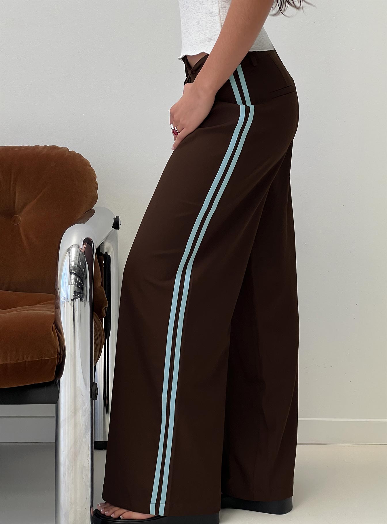 back view of model wearing Princess Polly Wendi Tipping Suit Pant Brown / Blue Mid Rise Pants 