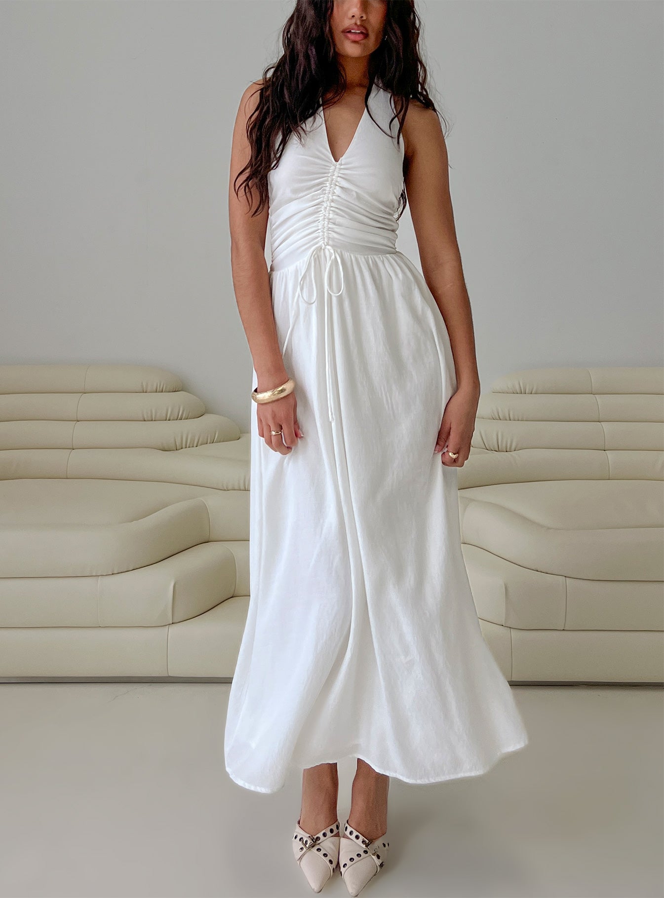 Jozefine Halter Ruche Maxi Dress White | Princess Polly Jozefine Halter Ruche Maxi Dress White | Princess Polly