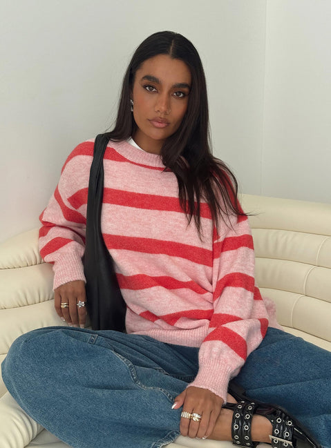side view of model wearing Princess Polly Ryanna Sweater Pink / Red Stripe 