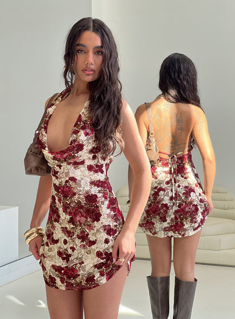 Salome Halter Cowl Neck Mini Dress | Red Multi | Womens | Princess Polly Lower Impact Salome Halter Cowl Neck Mini Dress | Red Multi | Womens | Princess Polly Lower Impact