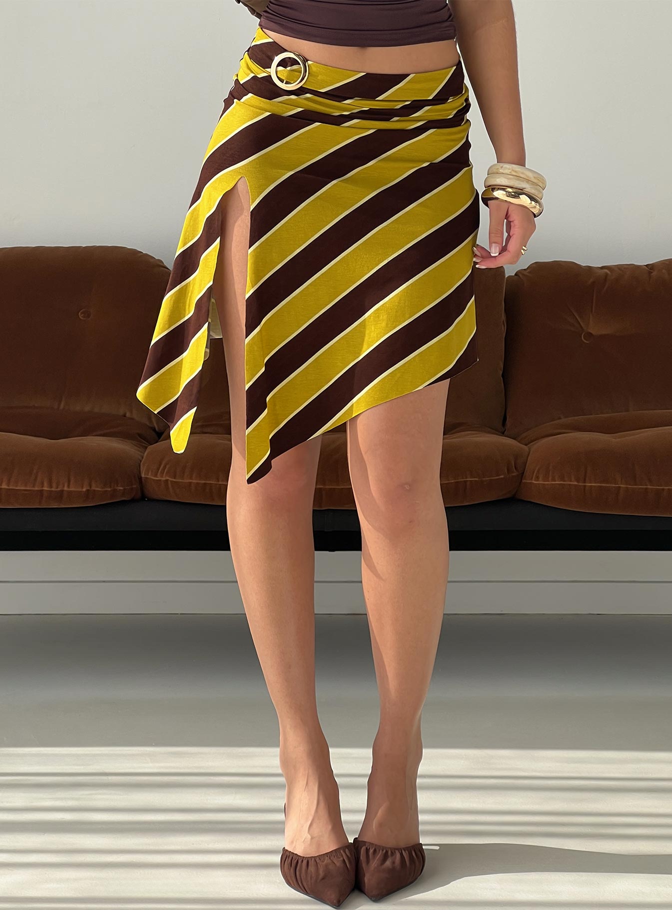 back view of model wearing Princess Polly Sherry Midi Skirt Stripe Retro Yellow Midi Skirts 