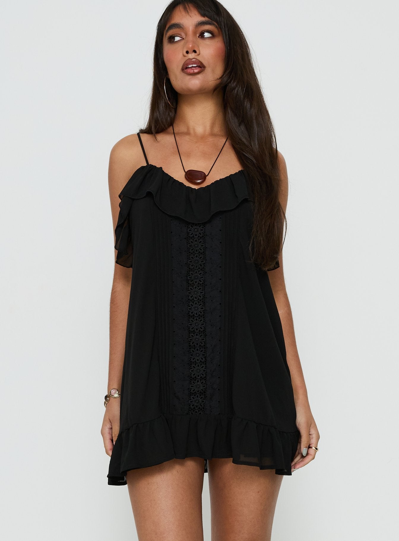 Somnielle Frill Lace Detail Mini Dress Black | Princess Polly