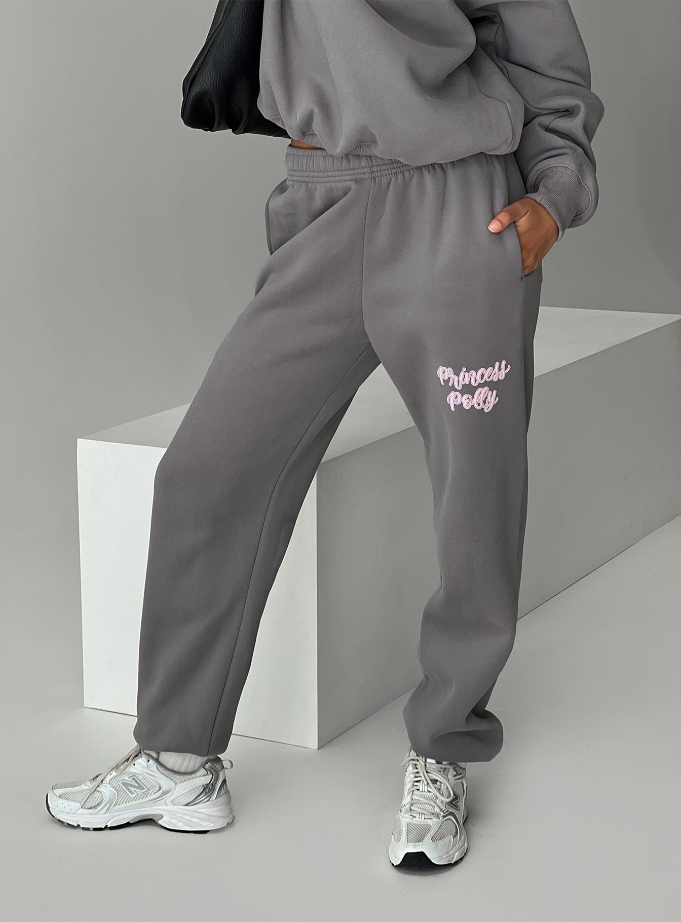 Princess polly track pants puff text charcoal