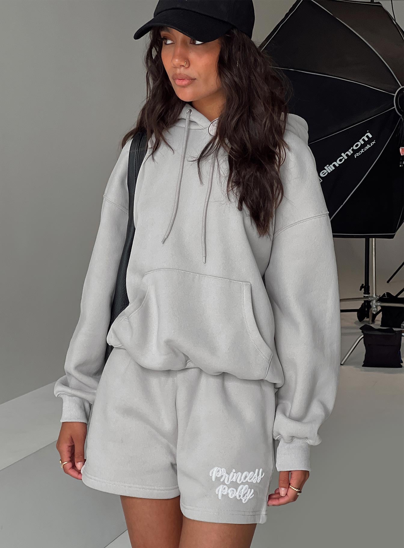 Princess polly hooded sweatshirt puff text grey