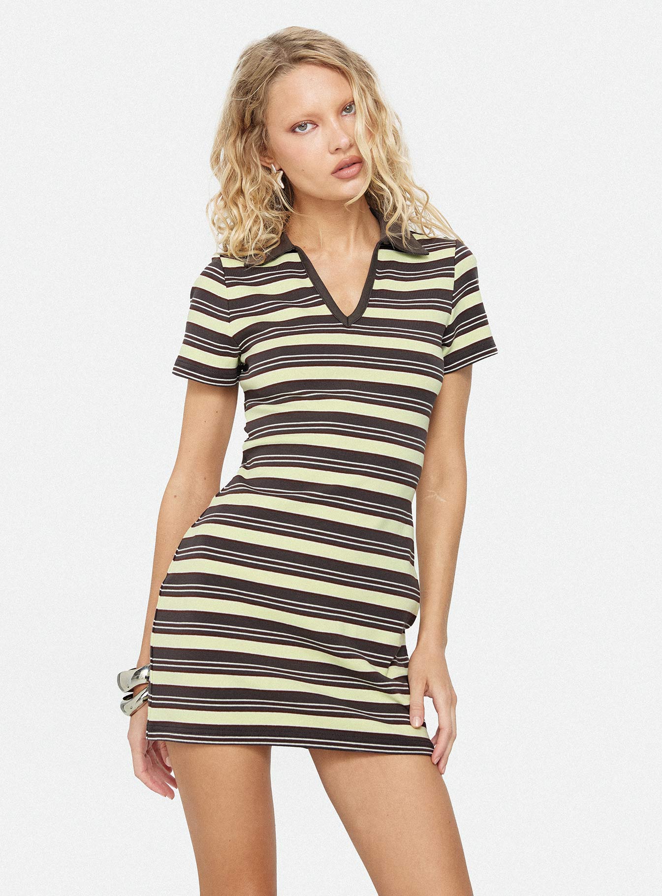 Zuria Collared V-neck Mini Dress Brown | Yellow Stripe | Brown | Yellow Stripe | Womens Zuria Collared V-neck Mini Dress Brown | Yellow Stripe | Brown | Yellow Stripe | Womens