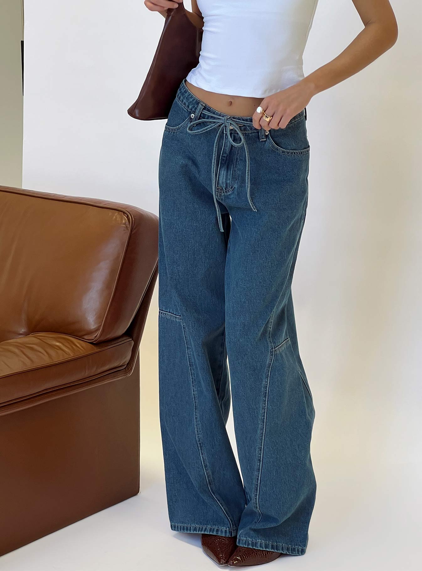 Bruiser Tie Waist Jeans Mid Blue Wash | Princess Polly