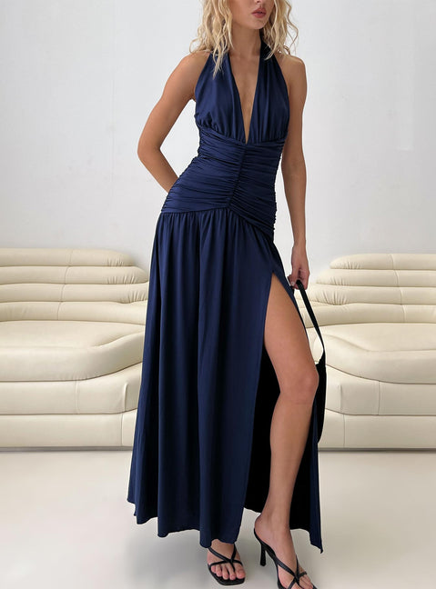 Diona Halter Ruche Maxi Dress Navy | Princess Polly Diona Halter Ruche Maxi Dress Navy | Princess Polly
