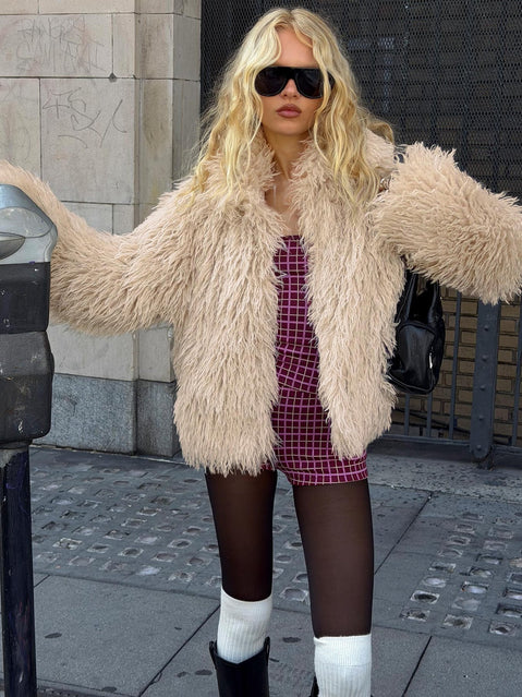 Kaiero Oversized Faux Fur Shag Jacket Cream