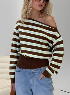 front view of model wearing Princess Polly Zinia Off Shoulder Knit Sweater Brown / Blue Stripe Cropped 