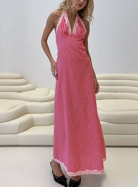 Betsie Halter Lace Maxi Dress | Red Gingham | Womens | Princess Polly Lower Impact Betsie Halter Lace Maxi Dress | Red Gingham | Womens | Princess Polly Lower Impact