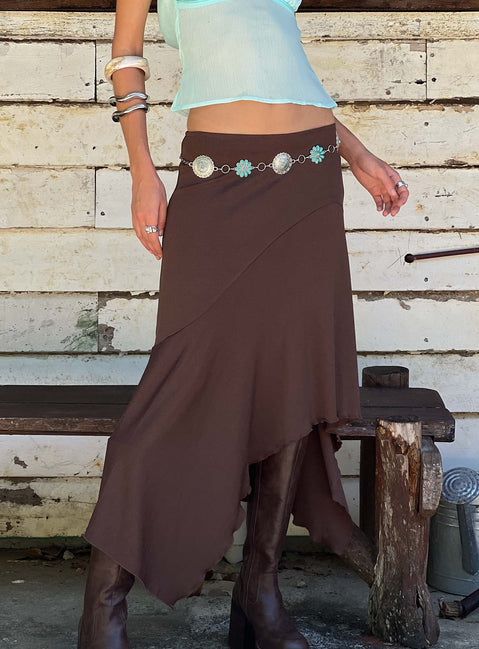back view of model wearing Princess Polly Futura Asymmetrical Midi Skirt Chocolate Maxi Skirts 