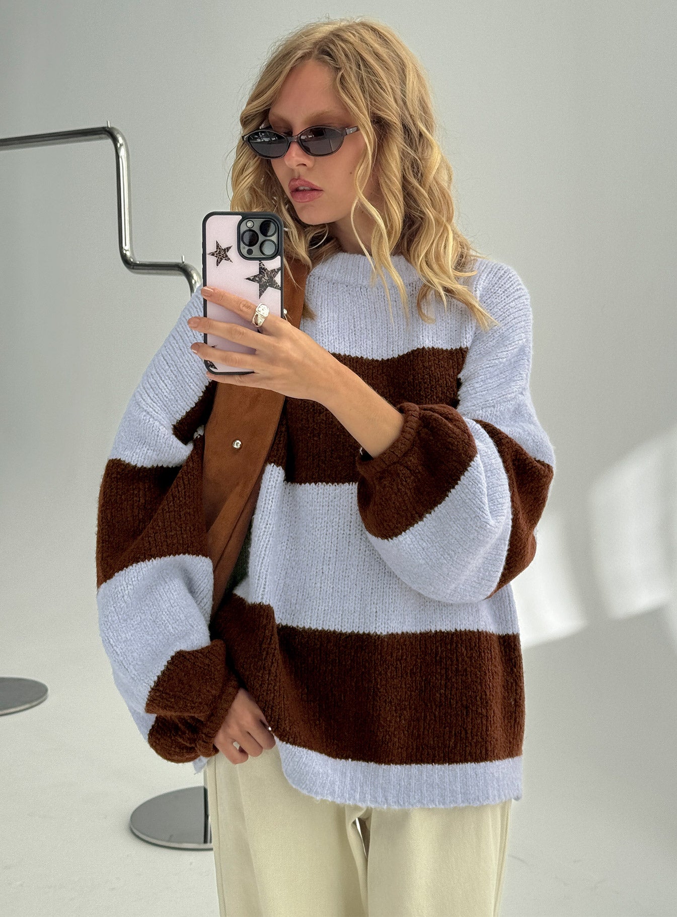 back view of model wearing Princess Polly Bastien Crew Neck Knit Sweater Blue / Chocolate Stripe Longline Jumpers 