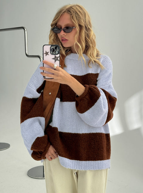 back view of model wearing Princess Polly Bastien Crew Neck Knit Sweater Blue / Chocolate Stripe Longline Jumpers 