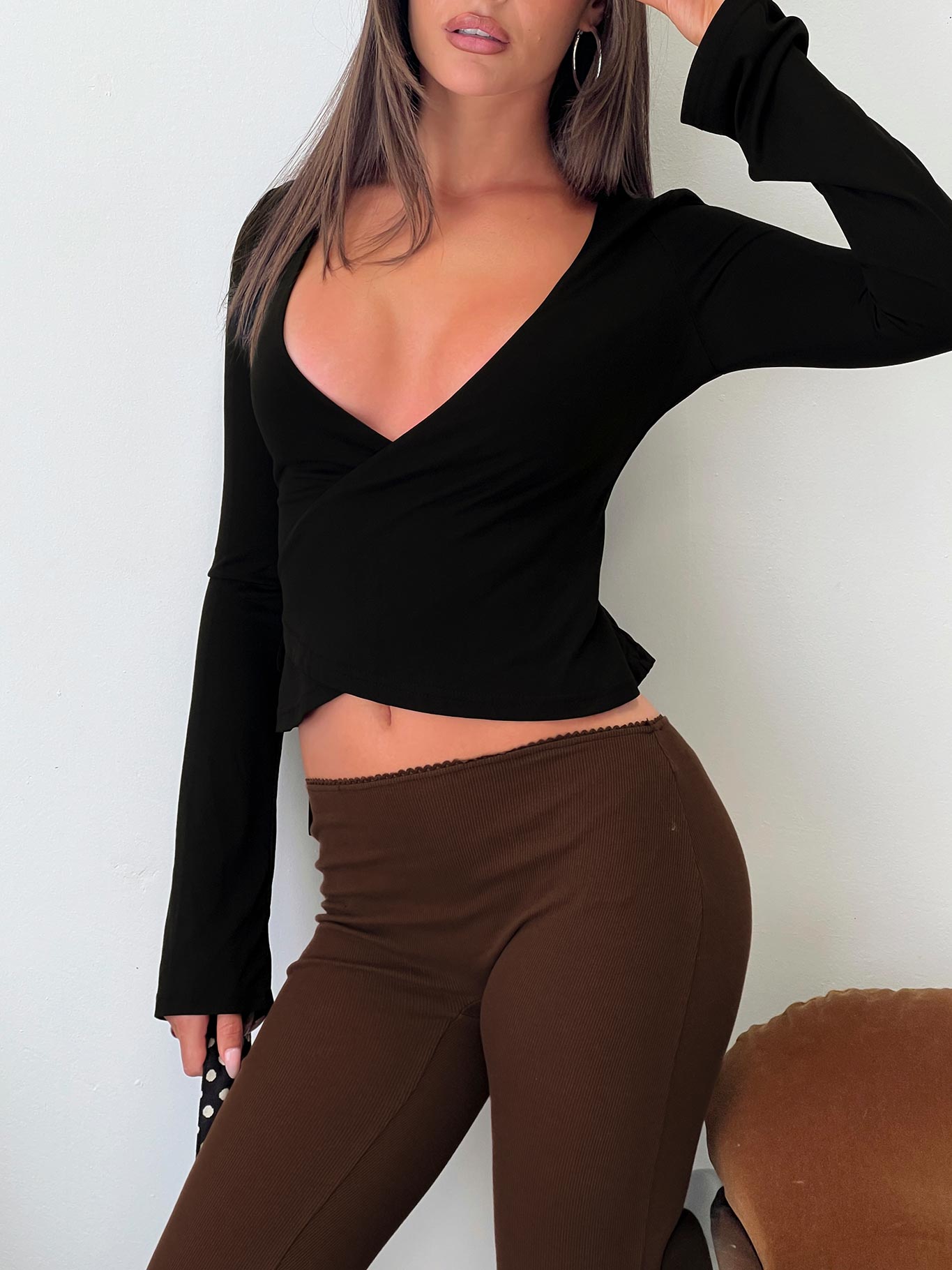 Stefanee Long Sleeve Wrap Top Black