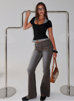 front view of model wearing Princess Polly Romea Low Waist Bootleg Jeans Dark Grey Low Rise Jeans 