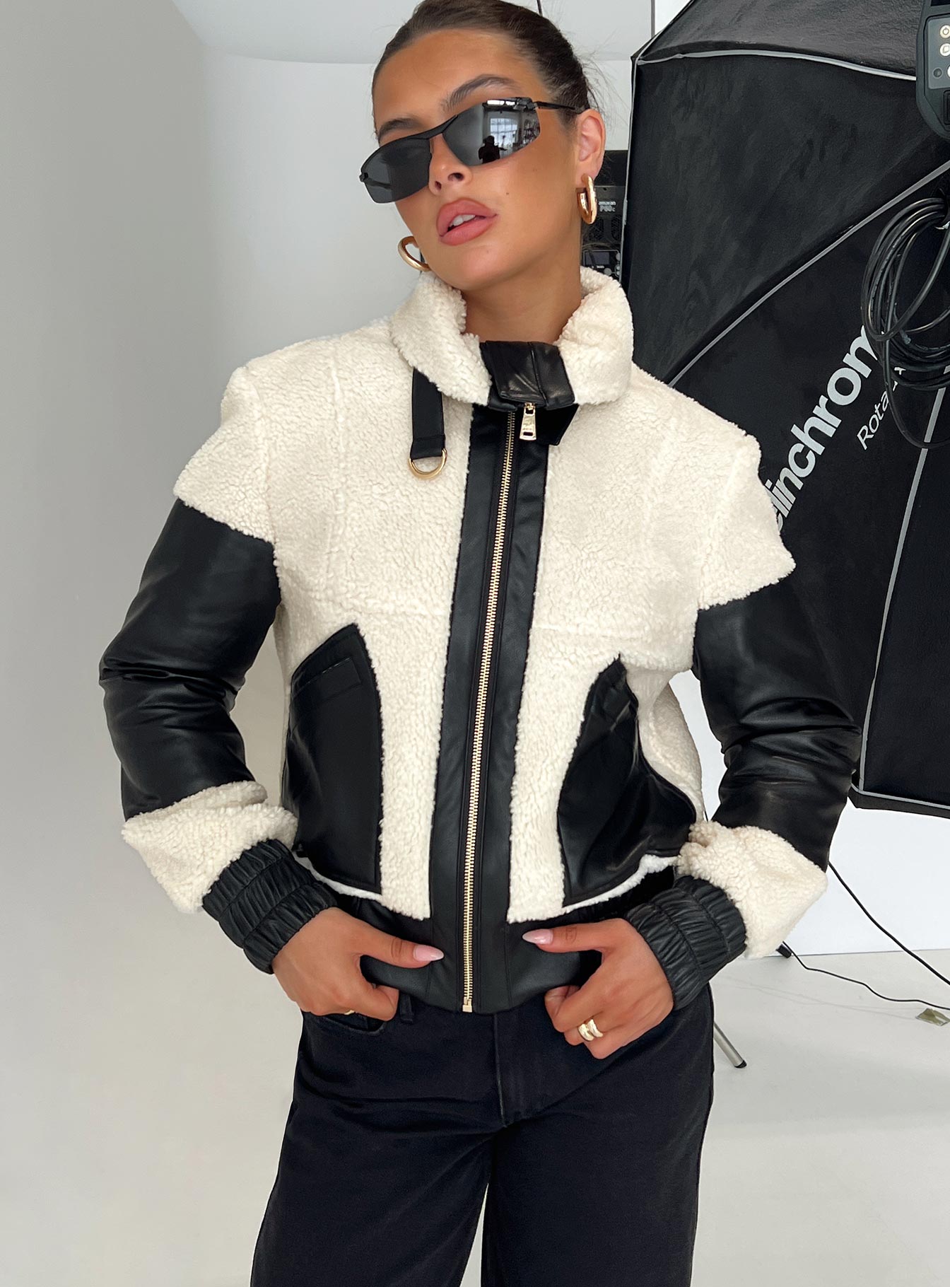 Faux leather and shearling on sale jacket