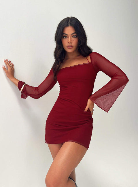 Bilbao Long Sleeve Mini Dress Burgundy | Princess Polly Bilbao Long Sleeve Mini Dress Burgundy | Princess Polly