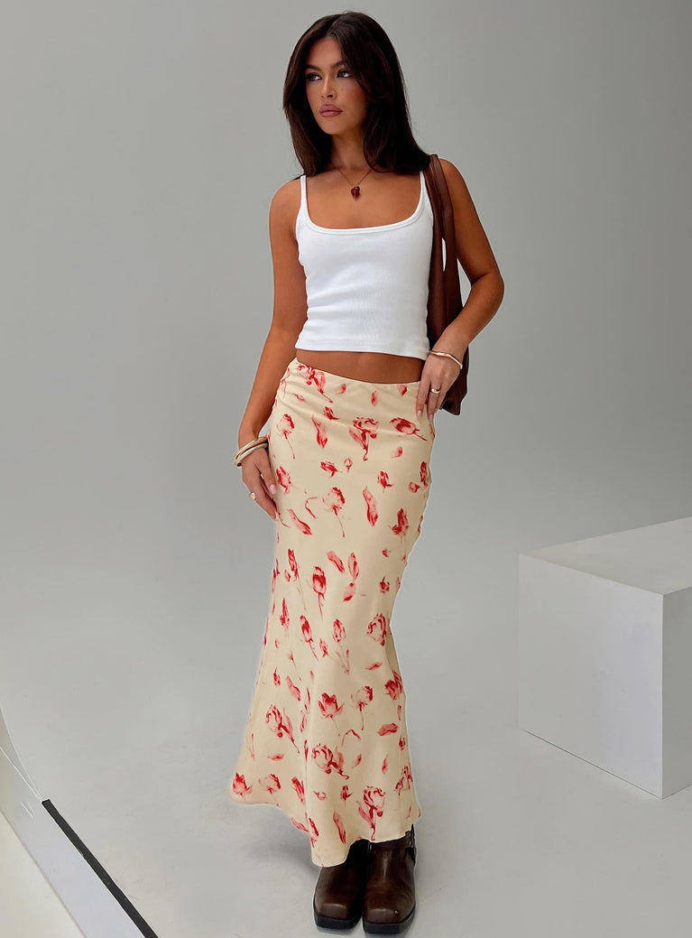   front view of model wearing Princess Polly Mangoes Maxi Skirt Cream Maxi 