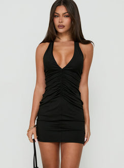 Aliciya Ruched Halter Mini Dress Black
