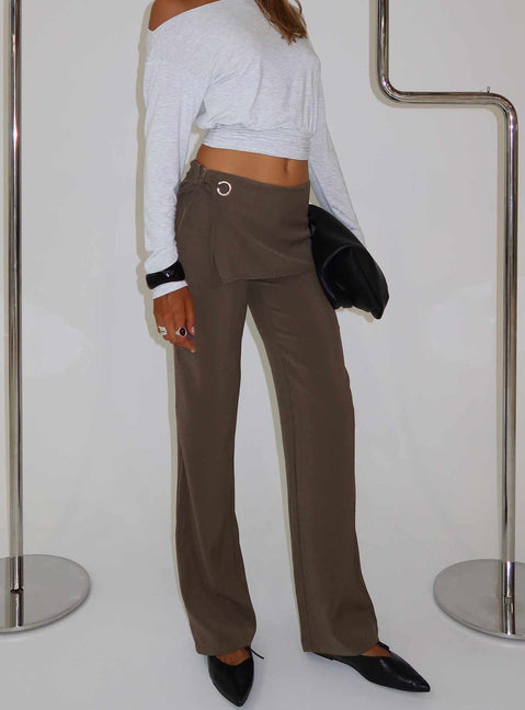 side view of model wearing Princess Polly Elka Wrap Trousers Truffle Mid Rise Pants 