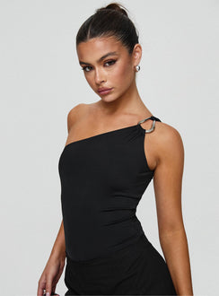 side view of model wearing Princess Polly Talija One Shoulder Bodysuit Black Tall Sleeveless 