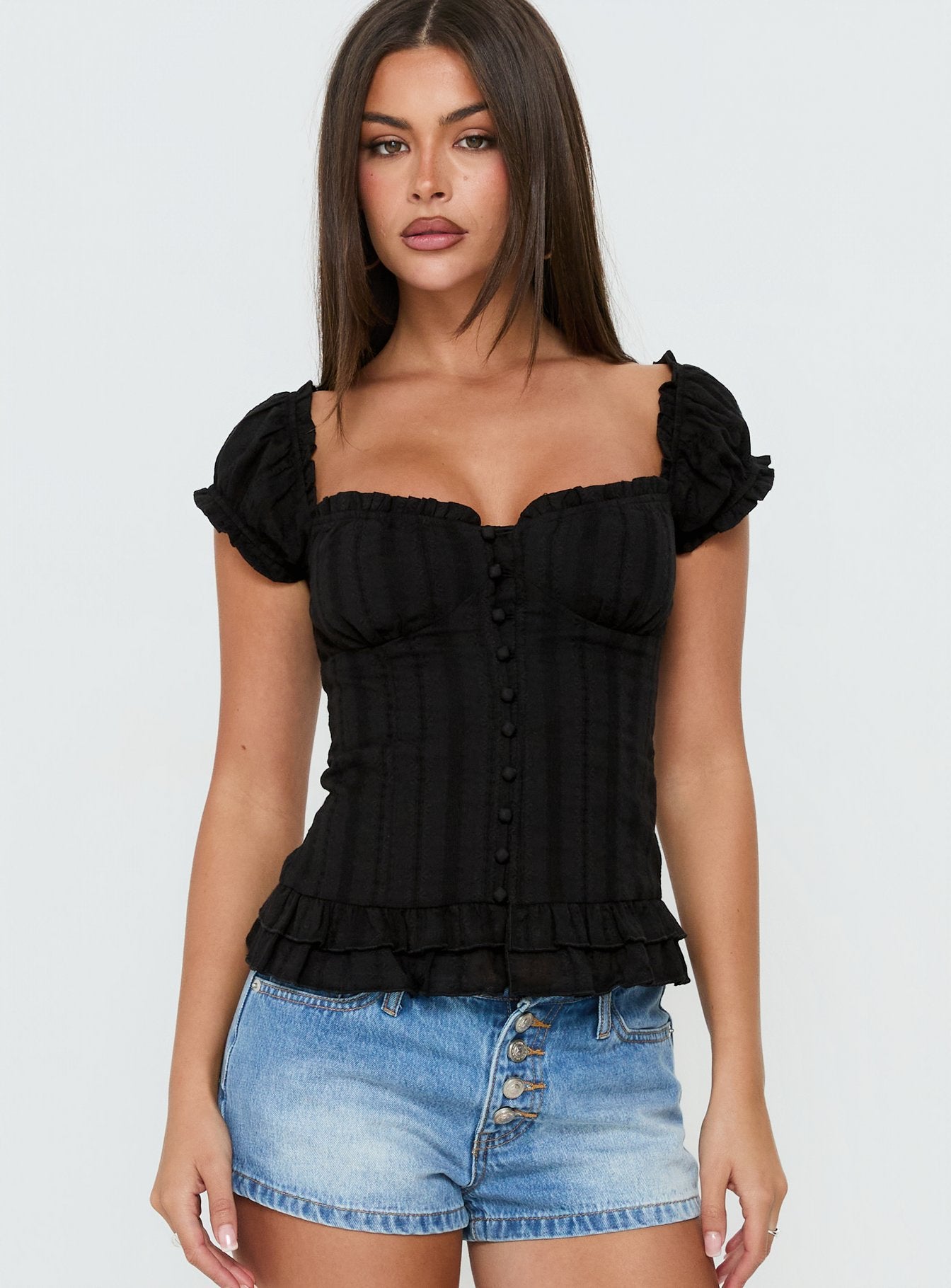 Suiter Frill Detail Top Black | Princess Polly