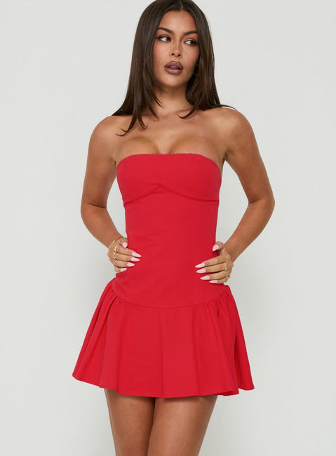 Austina Strapless Drop Waist Mini Dress Red