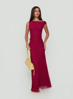 Krystyna Off Shoulder Ruched Mesh Maxi Dress Berry