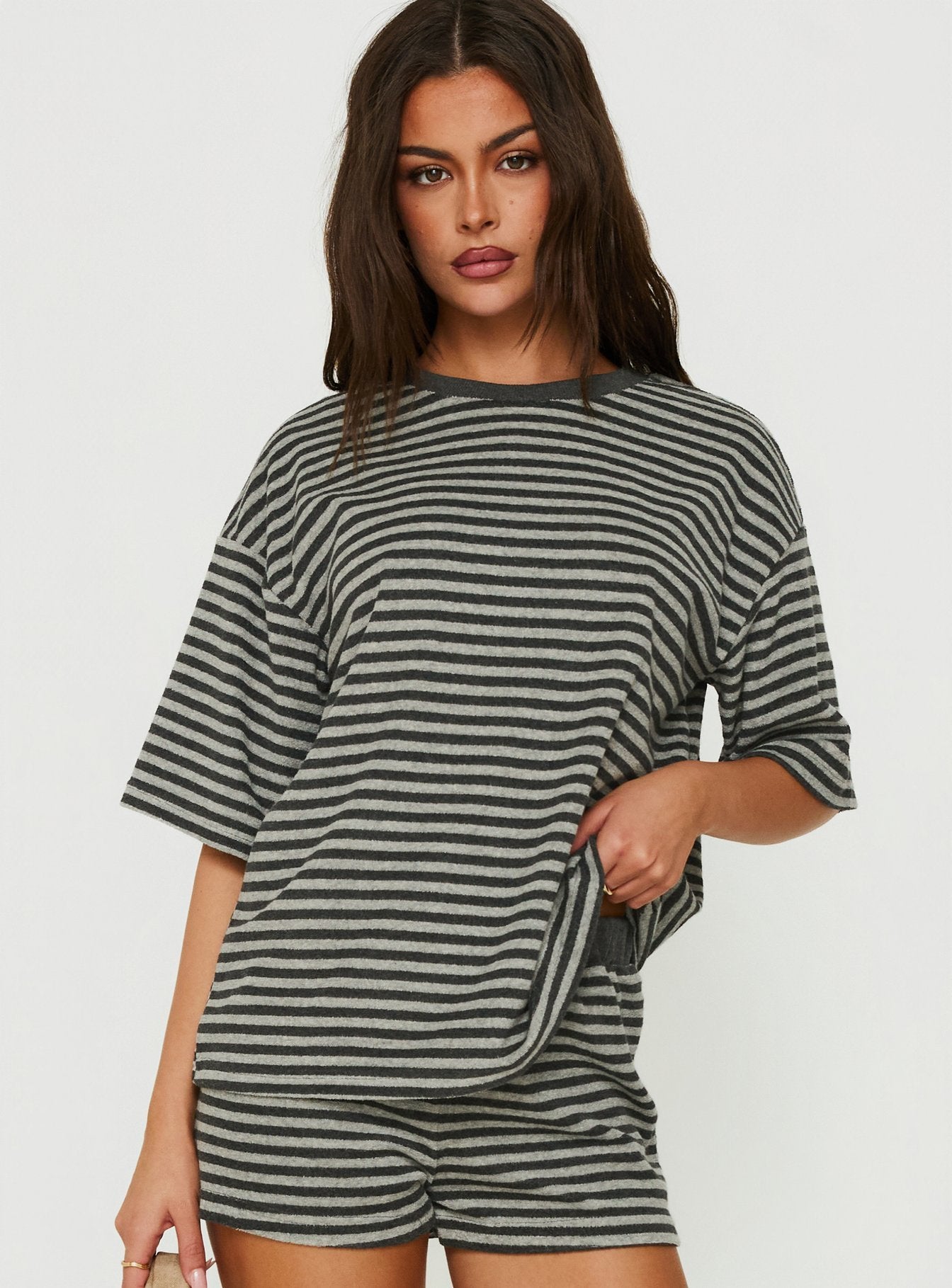 Selvina Terry Towelling Oversized Tee Grey Stripe