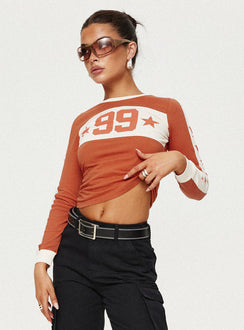 front view of model wearing Princess Polly 99 Roa Long Sleeve Top Orange Full Sleeves Crew Neck 