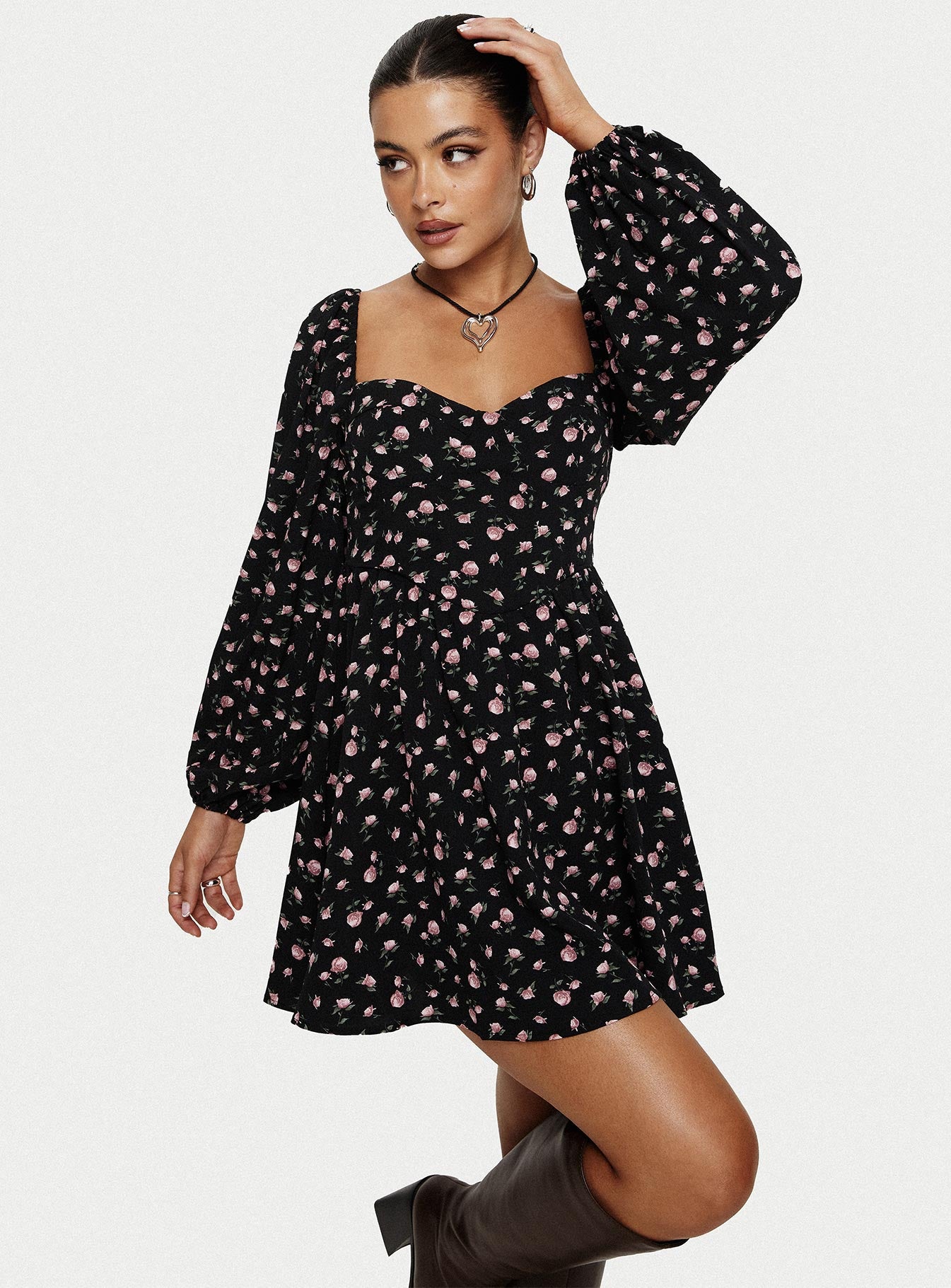 Darso long sleeve mini dress black floral